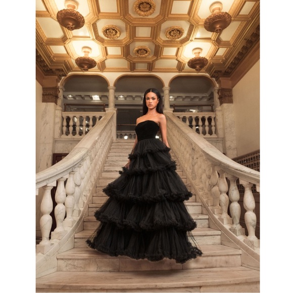Mac Duggal Black Velvet Bustier Ruffle Ball Gown - Picture 7 of 7